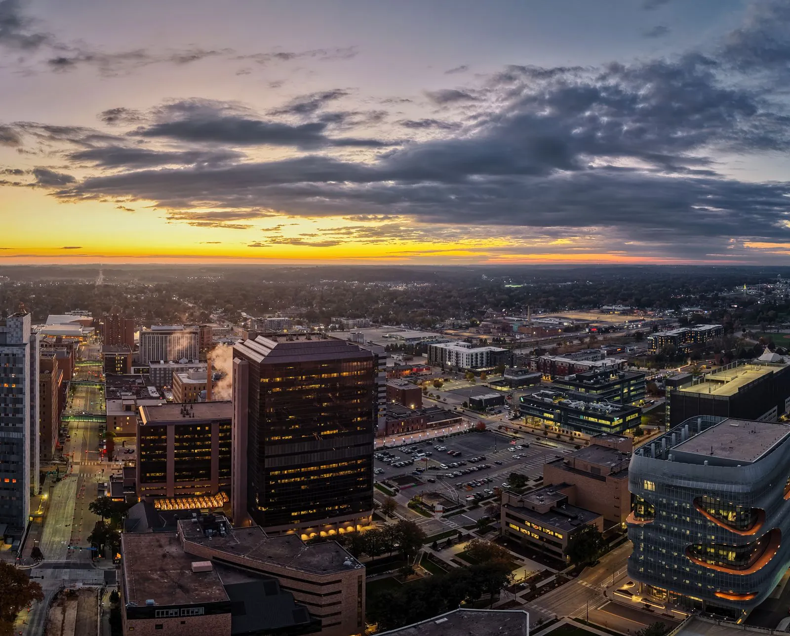 Stunning aerial photograph of Rochester, Minnesota showcasing the cityscape at sunset.